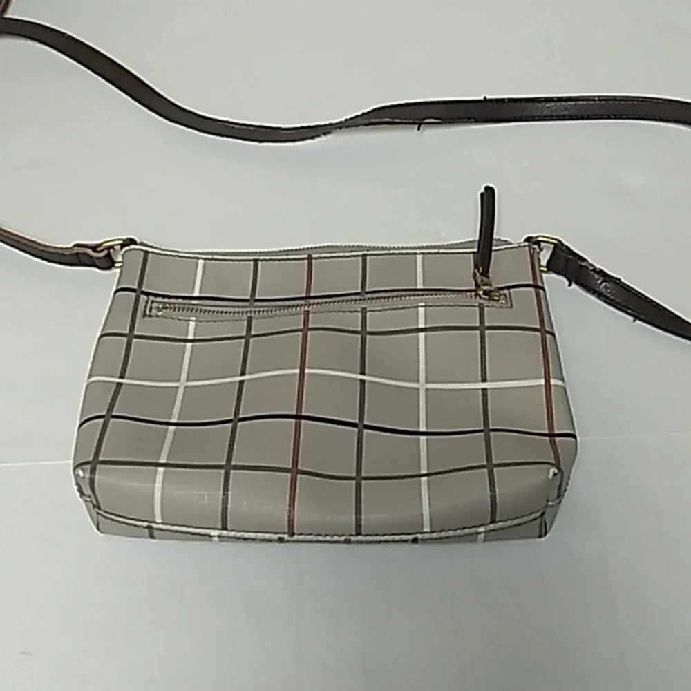 Fossil Gray and Brown Neutral Plaid Zip Top Crossbody Purse Handbag